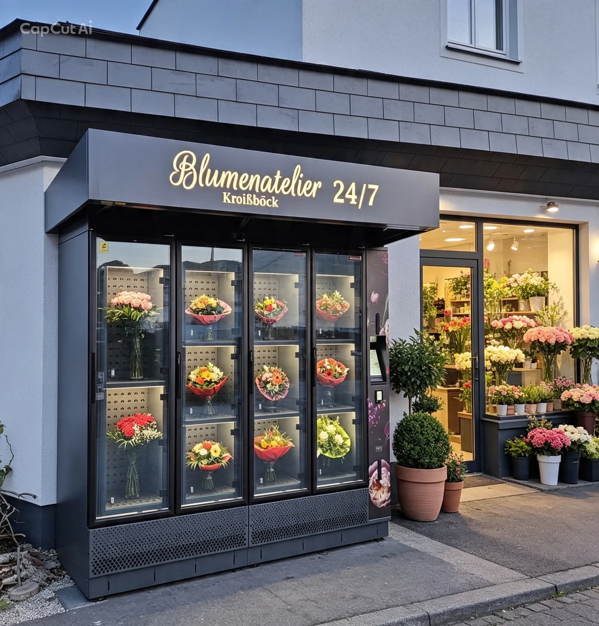 Blumenautomaten-Modell K11 PRO mit zwei unterschiedlicher Fächergrößen vor einem Ladengeschäft