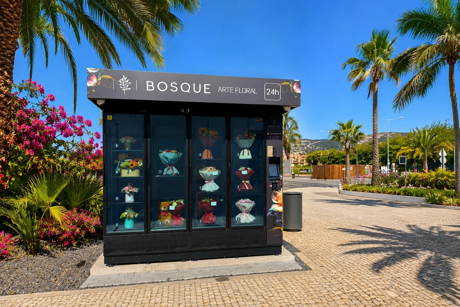 Blumenautomat im Außeneinsatz bei extremer Sommerhitze in Portugal