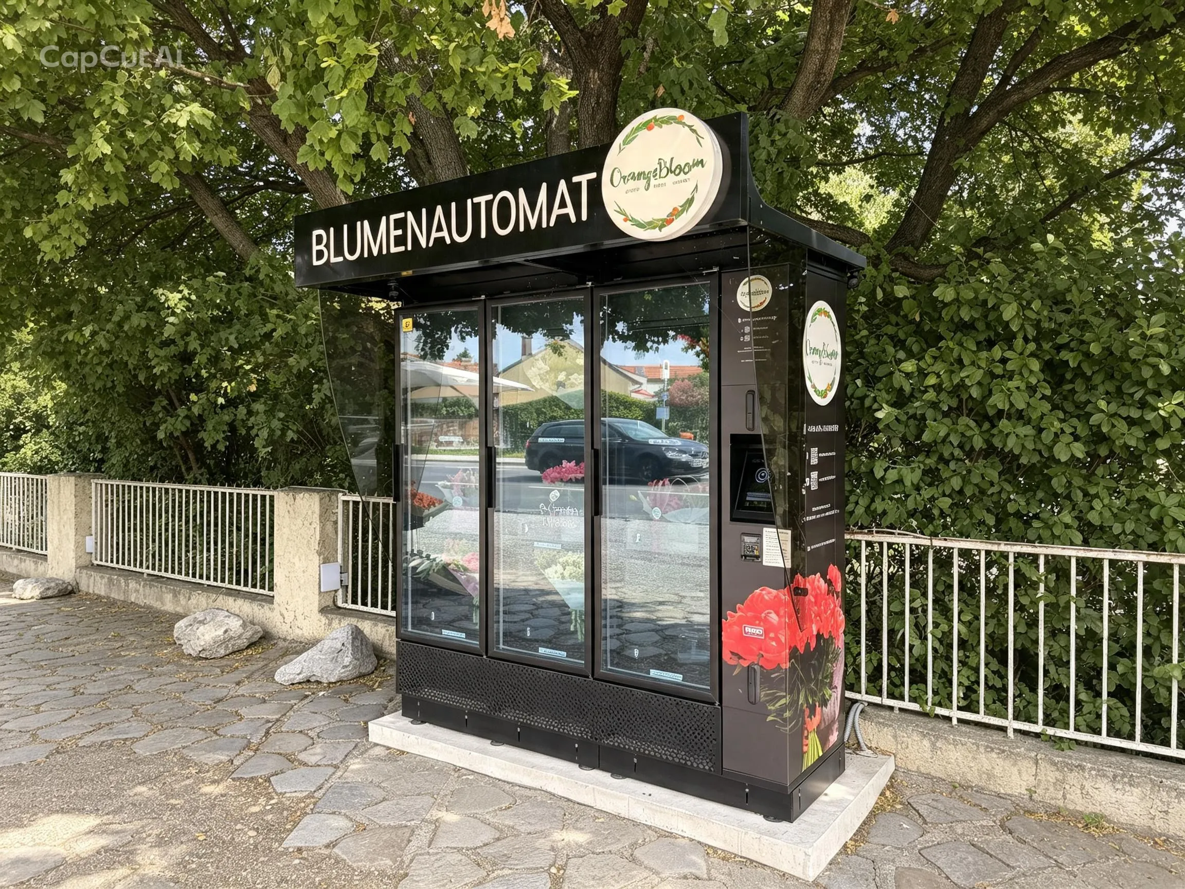 Individuell gebrandeter Blumenautomat mit rundem Leuchtkreis als Firmenlogo und individueller Folierung unter einem wunderschönen Baum